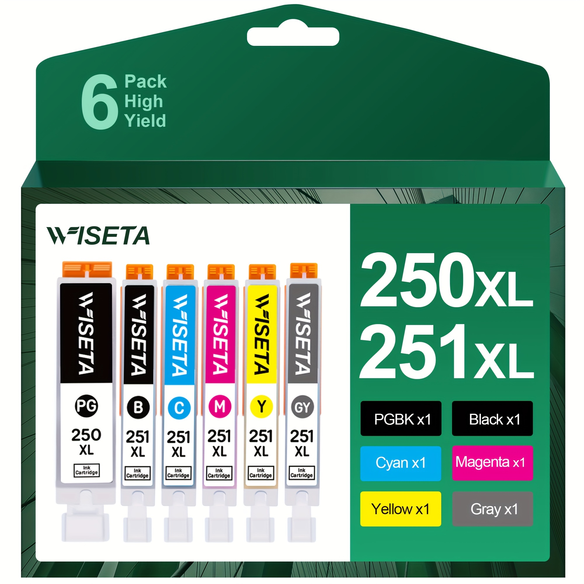 

Wiseta 6 Pack, Pgbk Bcmy Gy, Compatible Ink Cartridge Replacement For 250xl 251xl Pgi-250xl Cli-251xl 250 251 For Mx922 Mx920 Ix6820 Mg7520 Ip8720 Mg5520 Mg5420 Ip7220 Mg6320 Printer