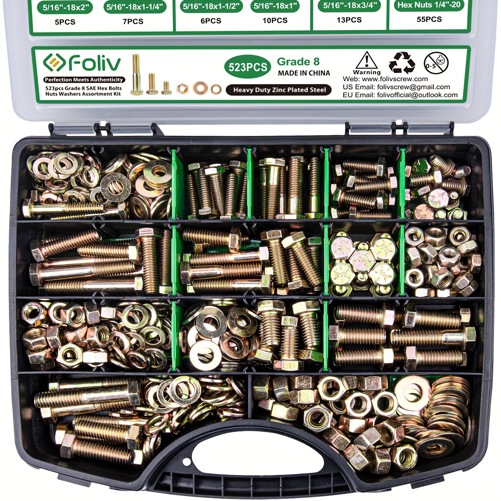 

523pcs 8 Bolts And Kit, Nut And Bolt , 1/4 5/16-18 3/8-16 Sae Hex Bolts, Length 1/2" To 1-1/2