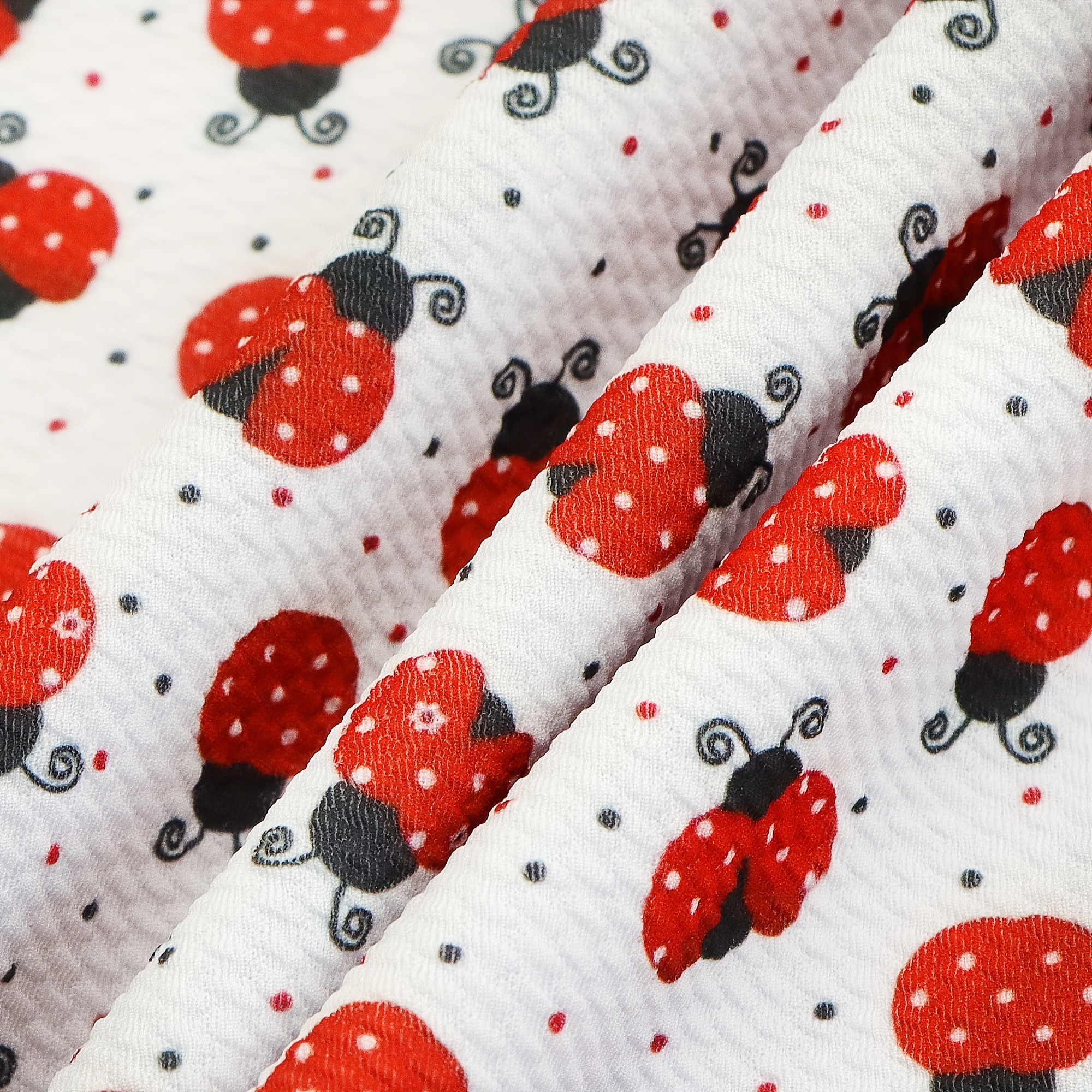 

Ladybug Printed Bullet Textured Fabric - 4 Way Stretch Spandex Knitting By The - Polyester95%, Spandex5% - Hand Wash Only - Cartoon Patterned Pre-cut Head Wrap Material (240gsm)