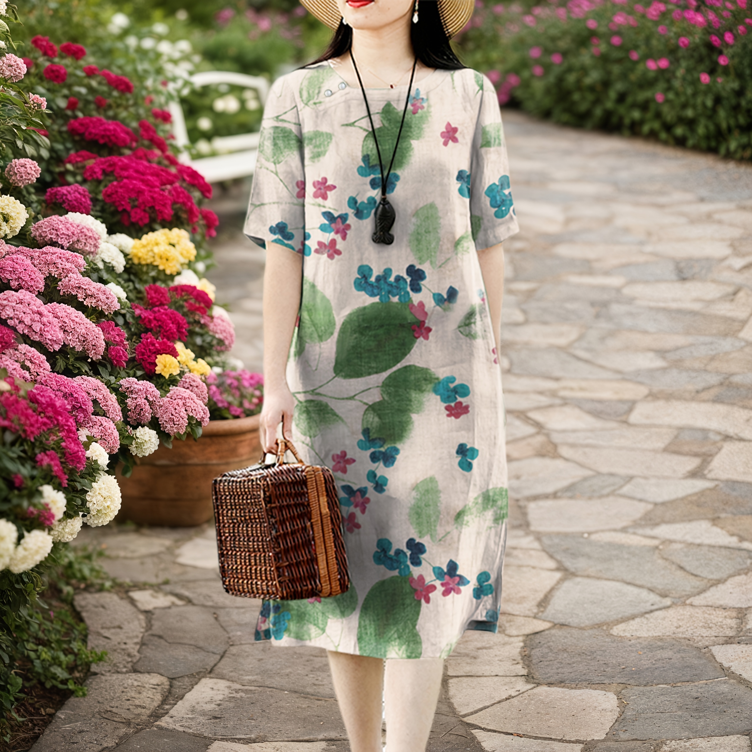 Women's Elegant Versatile Vintage Cheongsam Spring/Summer Short Sleeve Floral Print Dress