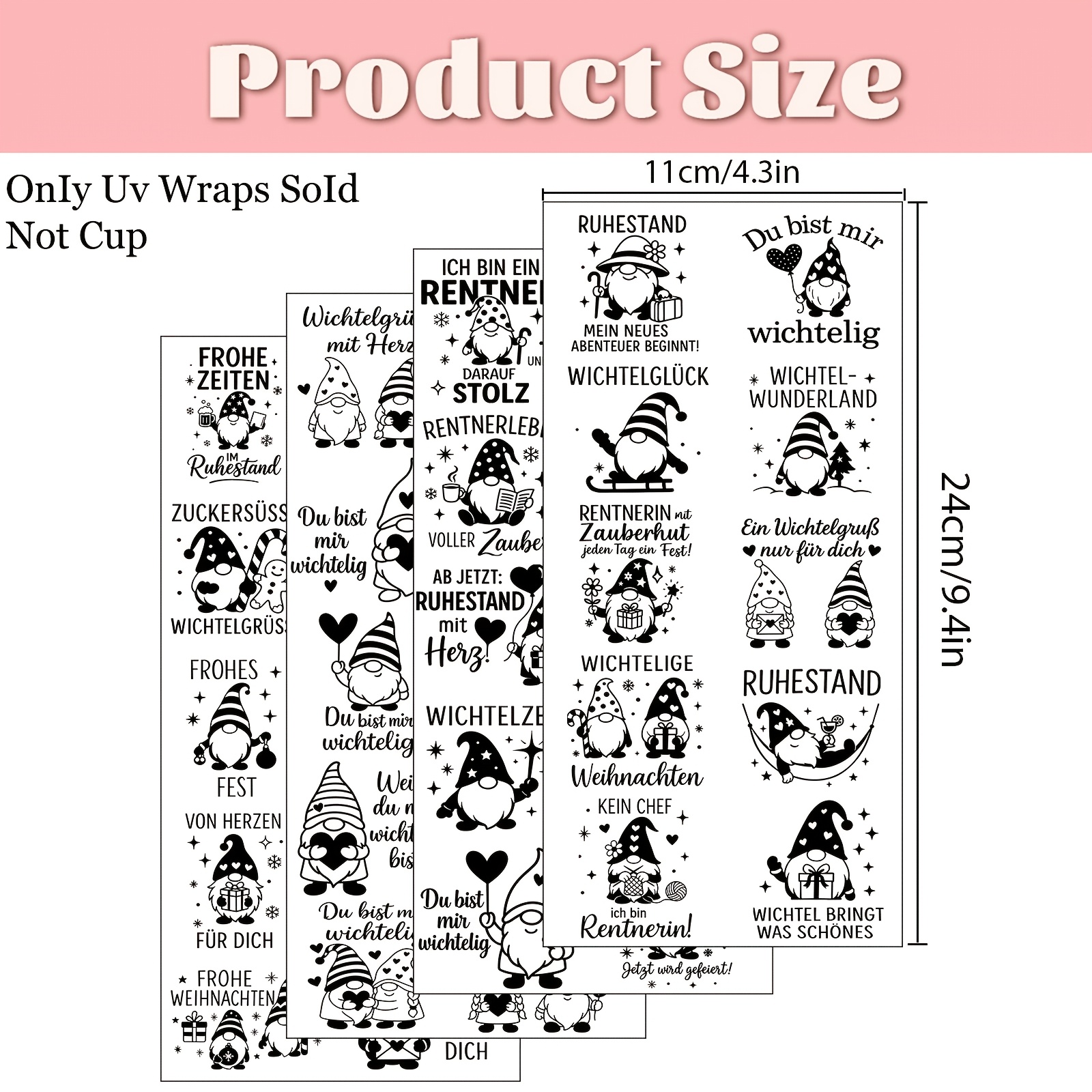 Image of Set Of 4 Uv Transfer Stickers Featuring A German Christmas Gnome Design, Including Gnome-themed . Self-adhesive Plastic Stickers Are Perfect For 16oz Glass Cups And Are A High-quality Craft Kit