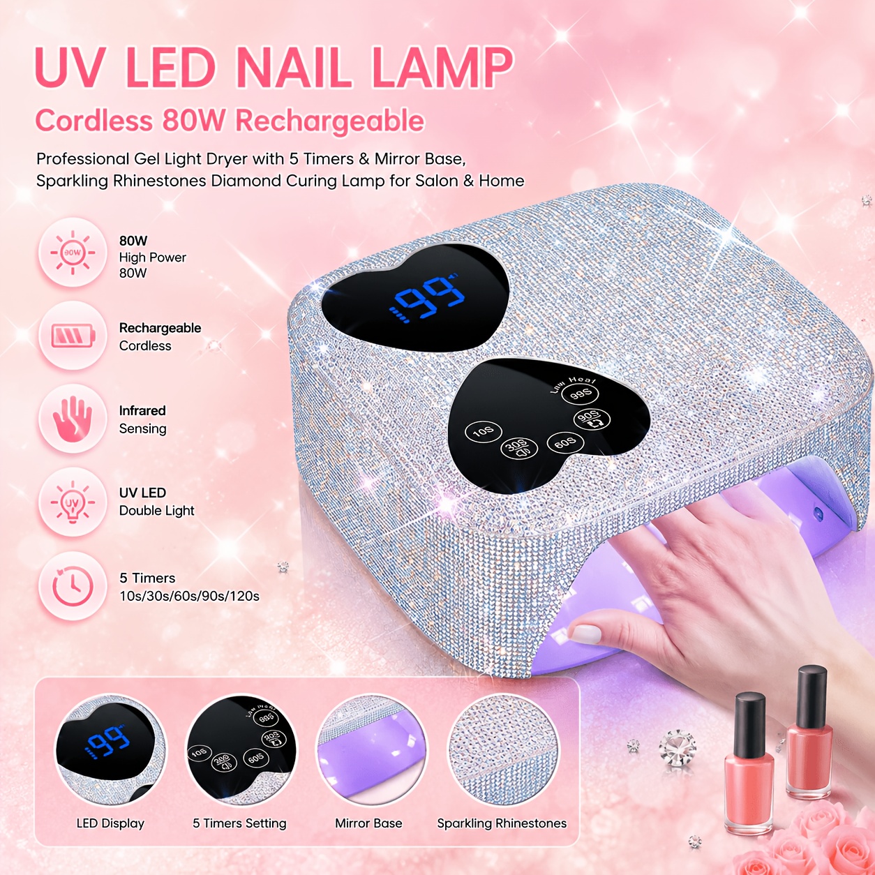 Professional Gel Light Dryer Led For Nail Lamp Cordless 80w Rechargeable Light With 5 Timers And Mirror Base, Sparkling Rhinestones Diamond Lamp For Nail Salon And Home