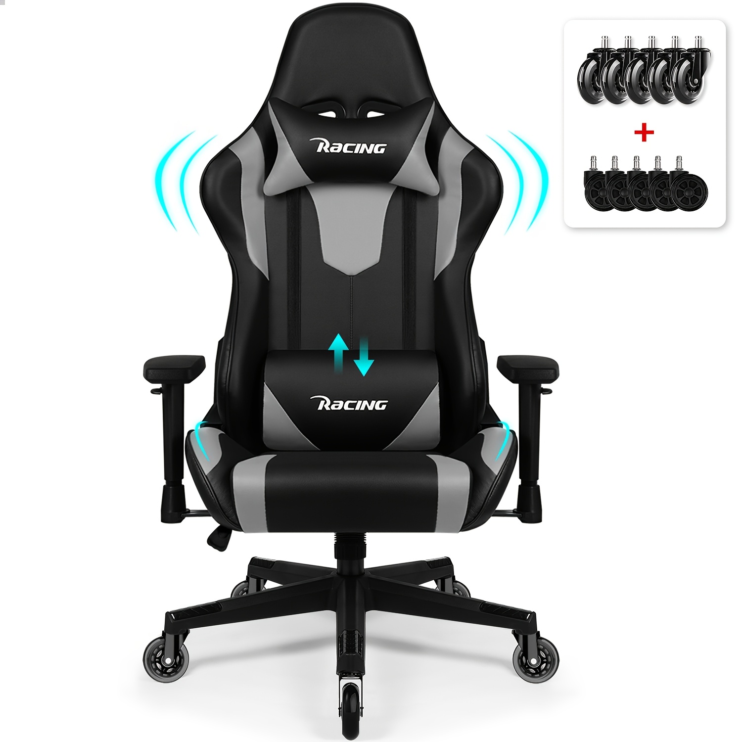 Image of Gaming Chair, Ergonomic Gaming Chair, Gaming Chair With Adjustable Lumbar Support, Headrest, Height-adjustable And Swivel, , Reclining Function Up To 170°, Gaming Chair 150 Kg, Black, Gray