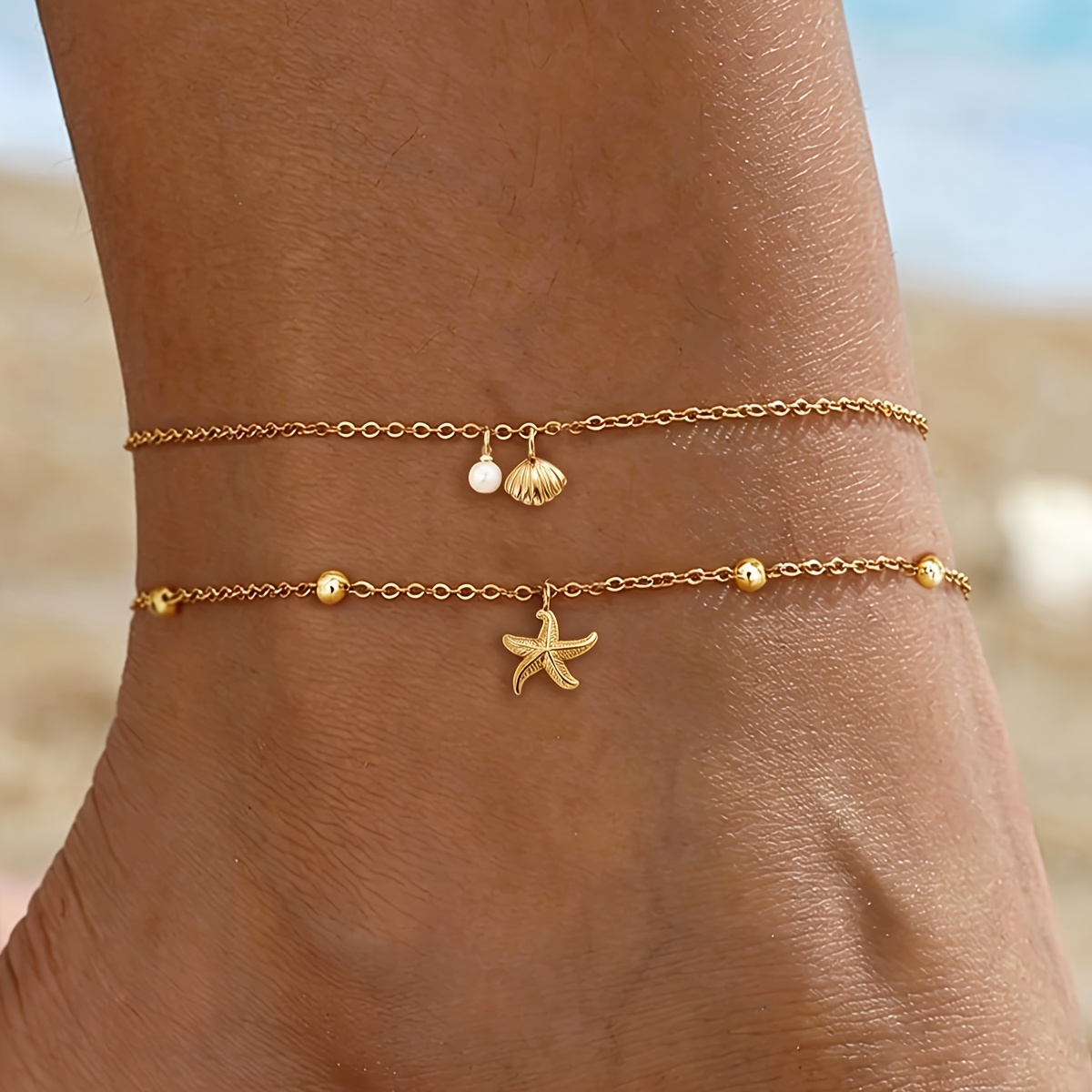 TEMU 1pc Luxury-inspired Niche Golden Stainless Steel Starfish Shell Anklet, A Summer Accessory (women's Style) Fashionable And Charming, Beach