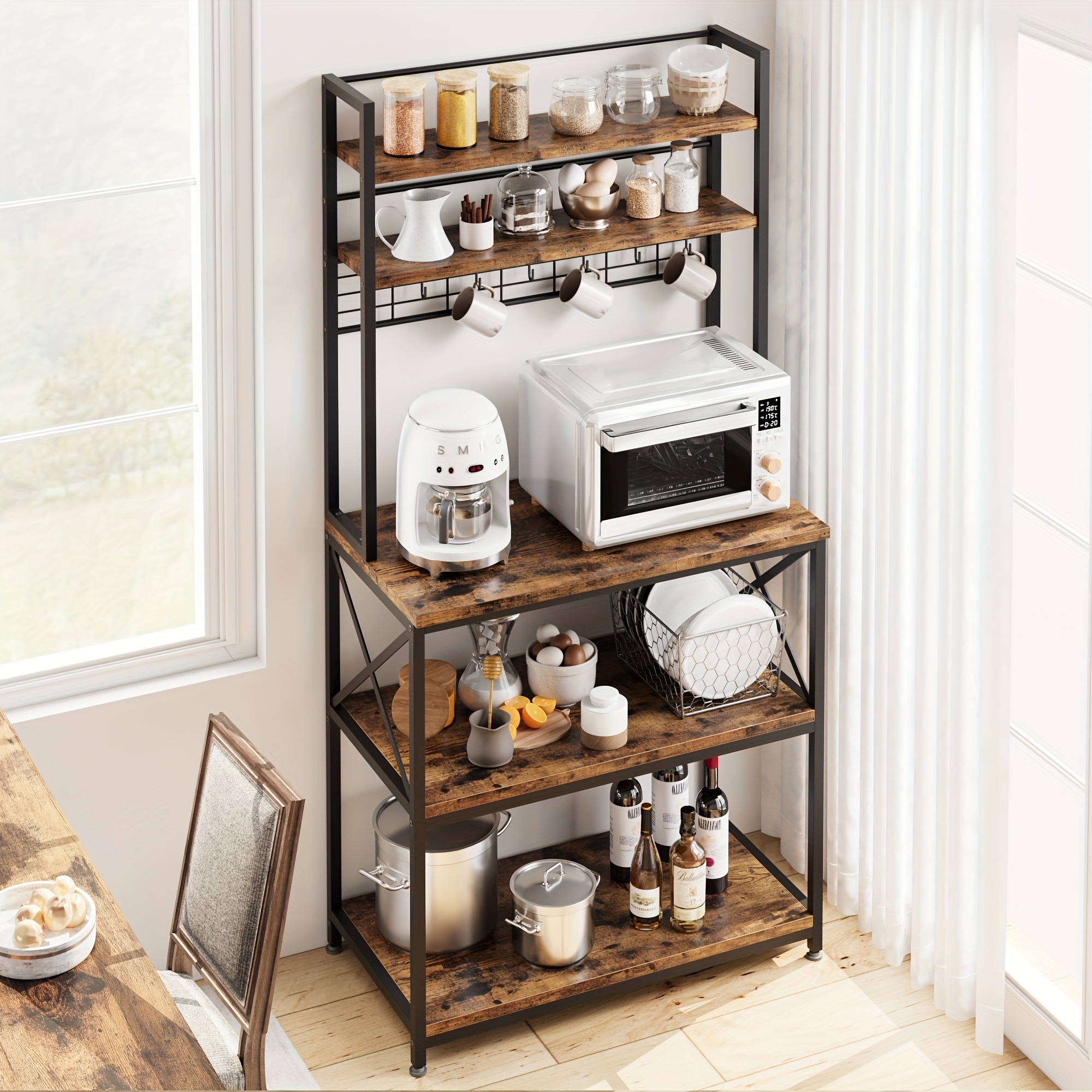 ISunirm Küchenregal Mit Steckdosen & LED-Beleuchtung - 5-stufiger Mikrowellenständer In Rustikalem Design
