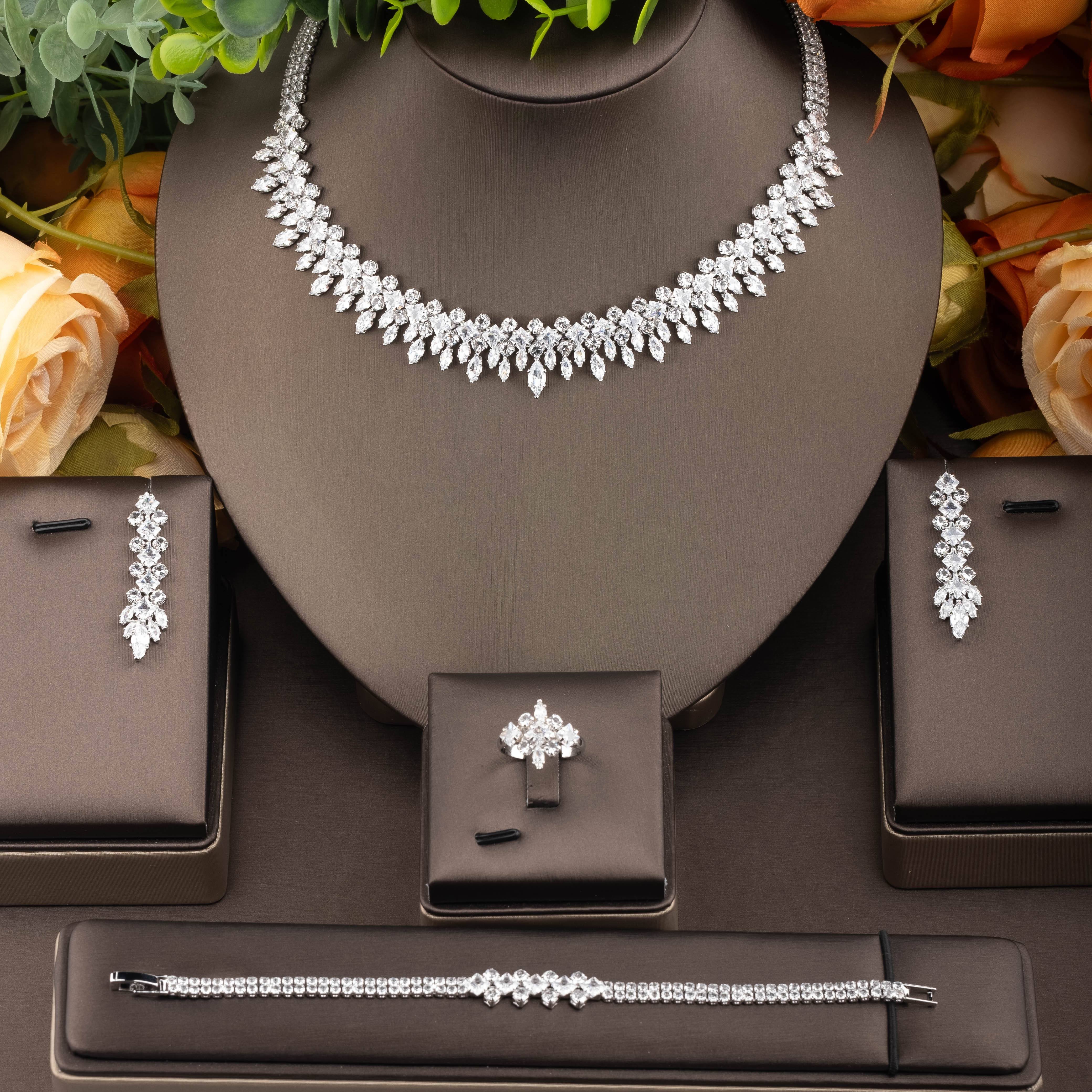 Image of 1 Set Classic Inlaid Cubic Zirconia Flower Cluster Decorative Wedding Jewelry Set Suitable For Women's Banquet Wear