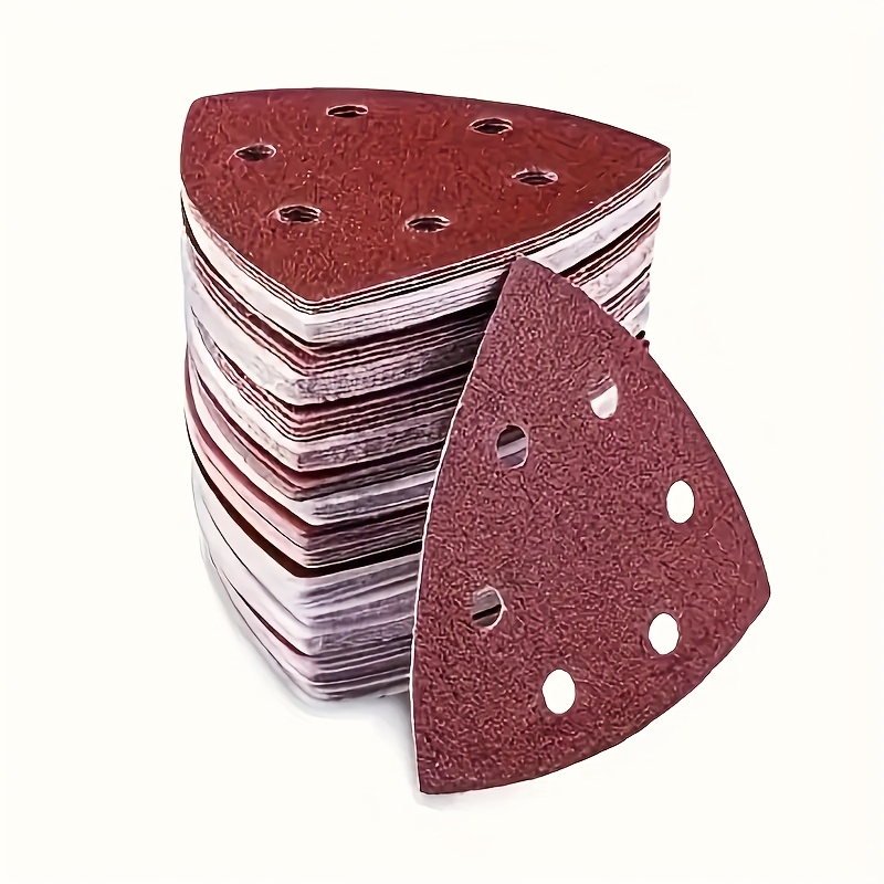 E-shop 50 Stück Dreieck Schleifpads Set für Detail Schleifer - Rotes Fleece, 6-Loch Design, für Holzbearbeitung und Metallpolieren - Inklusive