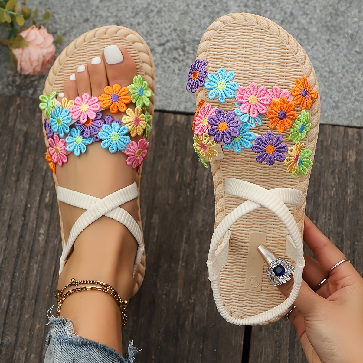 TEMU 1 Pair, Women's Summer Sandals With Colorful Crochet Floral Decorations, Cross Rib Knit Straps, Woven Thick Soles, Tropical Bohemian Style, For