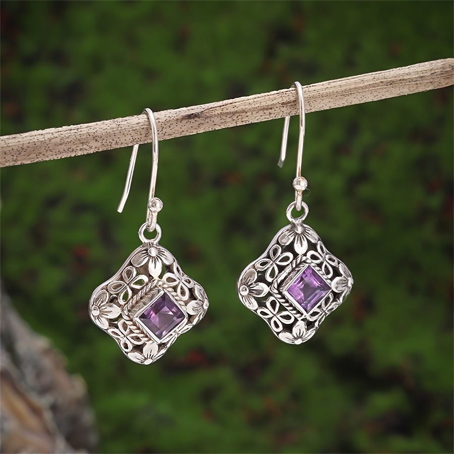 

Vintage Bohemian Square Dangle Earrings With Amethyst Gemstones - Perfect For Parties And Gifts - Copper And Zirconia