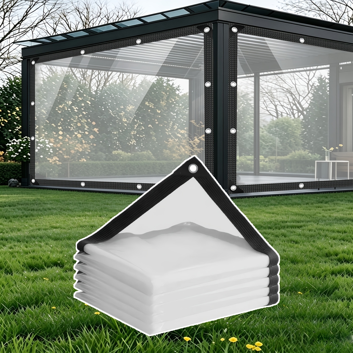 TEMU Lona Impermeable Transparente con Ojales Metálicos (2 X , Espaciado de Ojales de 0.91M) - Lona Versátil a Prueba de Lluvia, Viento y Heladas;