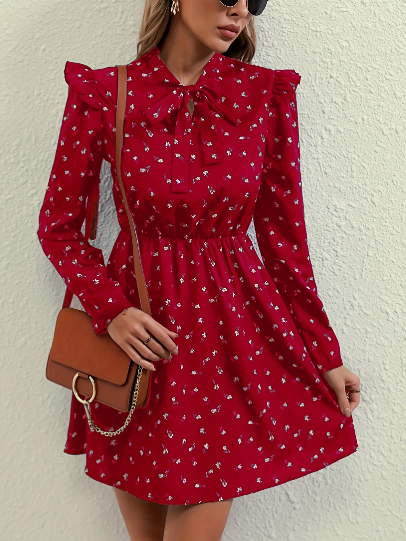 Floral Print Tie neck Dress Casual Lantern Sleeve Ruffle - Temu