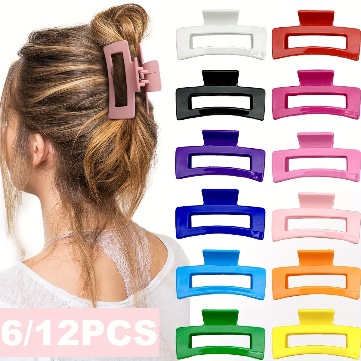 

6/12pcs Vintage Minimalist Rectangular Hair Clips, Random Color, , Non-slip, Plastic, Oblong Shape, Solid Color, Gift