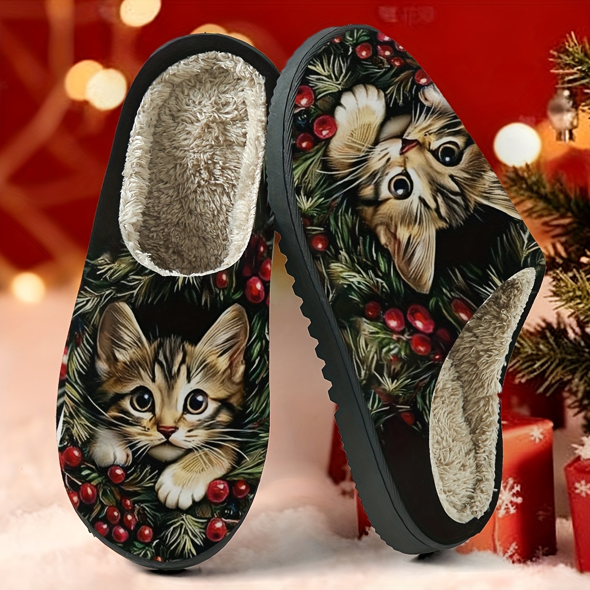 Image of Mánméi Yijiu Slippers Feature A Base With A Kitten Peeking Out From And Pine Branches. Its Big, Eyes . The Slippers A Soft, Warm, And Gentle Feel , Making Them