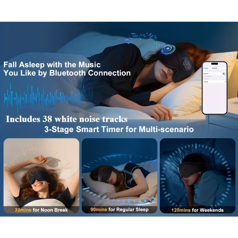 wireless sleep mask 100 blocking 3d contoured eye mask 38 white noise tracks sleep music with auto shut off breathable pressure ideal for side sleepers travel unisex gift for men and women Product details 8