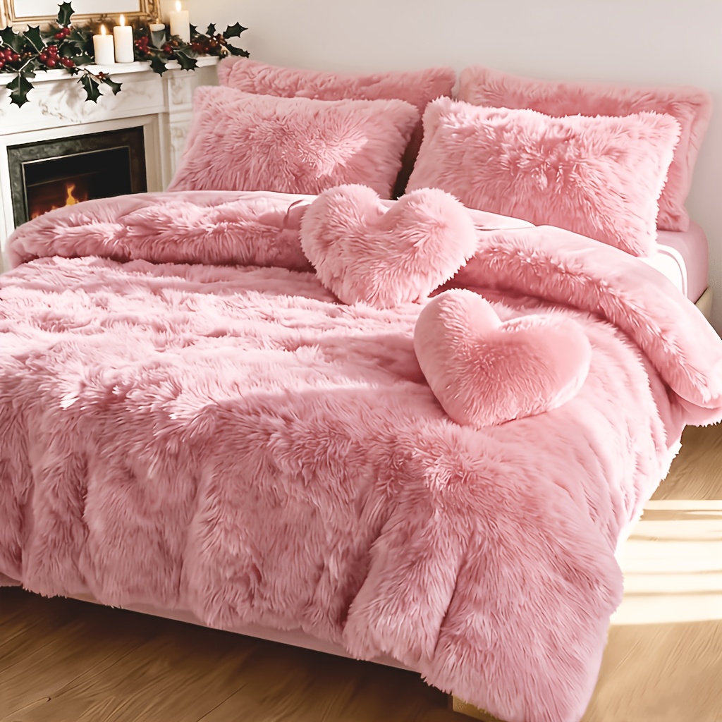 TEMU 3/4pcs Solid Color Fur Light Luxury 4pcs Set, Non-slip Autumn/winter Thickened Faux Fur Duvet Cover + Pillow + Pillowcase, Suitable For