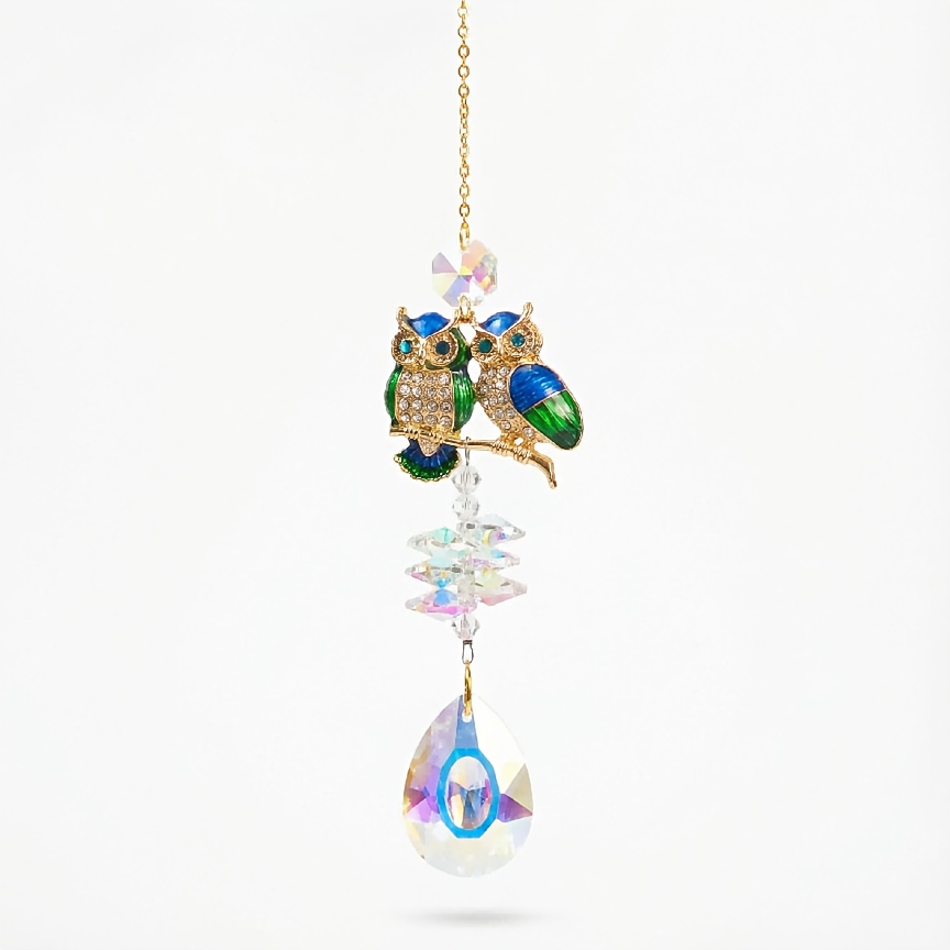TEMU Owl With Rhinestones, Featuring Ab Crystal Beads And A Crystal Glass Pendant, Serves As Catcher. It's A Decorative Piece For Home Gardens And