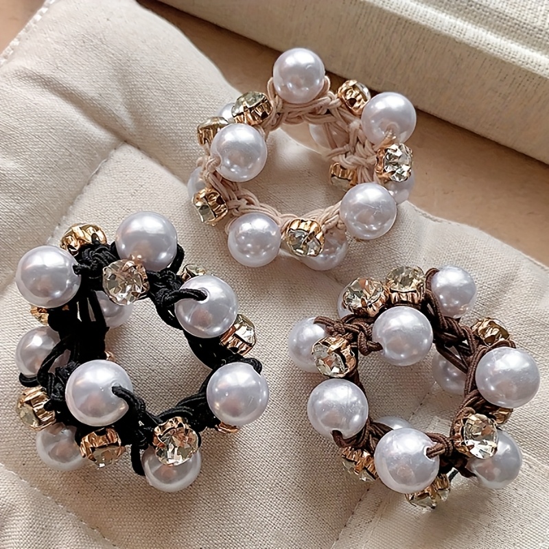 E-shop 3er-Set Strass-Haargummis, hochelastische, einfache elegante Pferdeschwanzhalter, elastische Bänder mit Perlen-Design, geeignet für Frauen ab 14