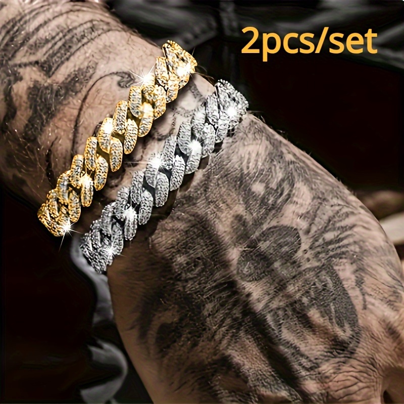 

2pcs/set Punk Hip Hop Glitter Cuban Chain Bracelet, Unisex Style Hand Decoration Gift For Women Men