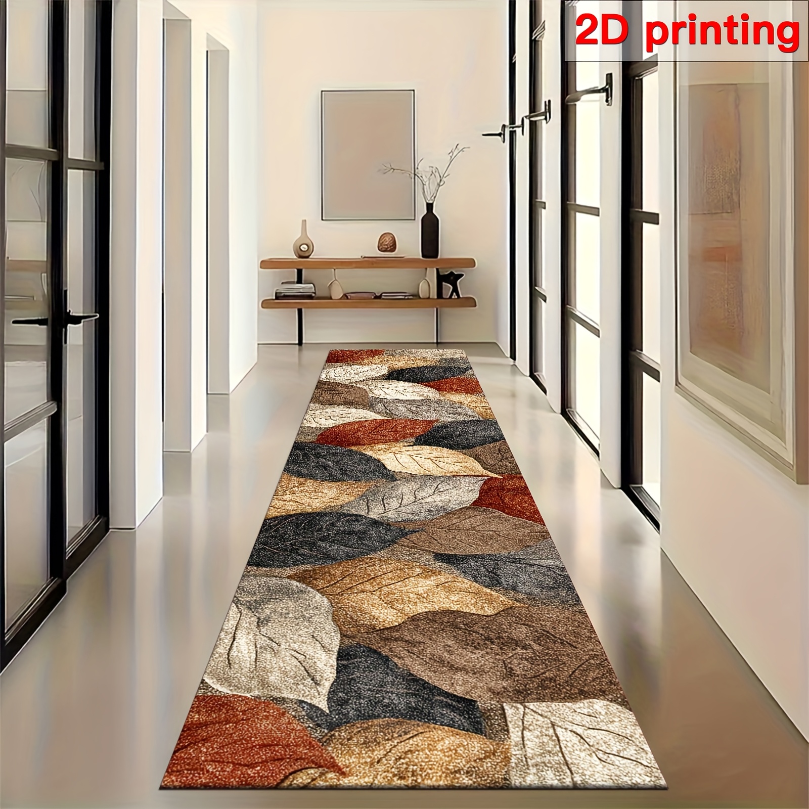 E-shop Ein 2D-Teppich im flachen Landhausstil mit einem bunten Blattmuster. Er verfügt über einen 2D-Druck und eine rutschfeste Rückseite, bietet eine