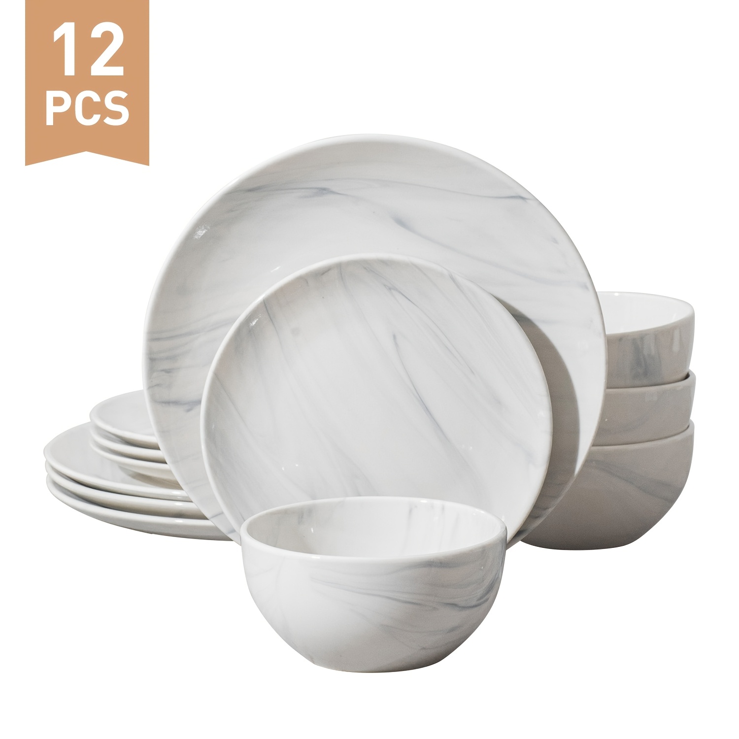 Image of 12pcs Marble Ceramic Dinnerware Set, Service For 4, Essential Plates And Bowls Set For Home Kitchen, Suitable For Family Dining, Restaurant & Catering Use