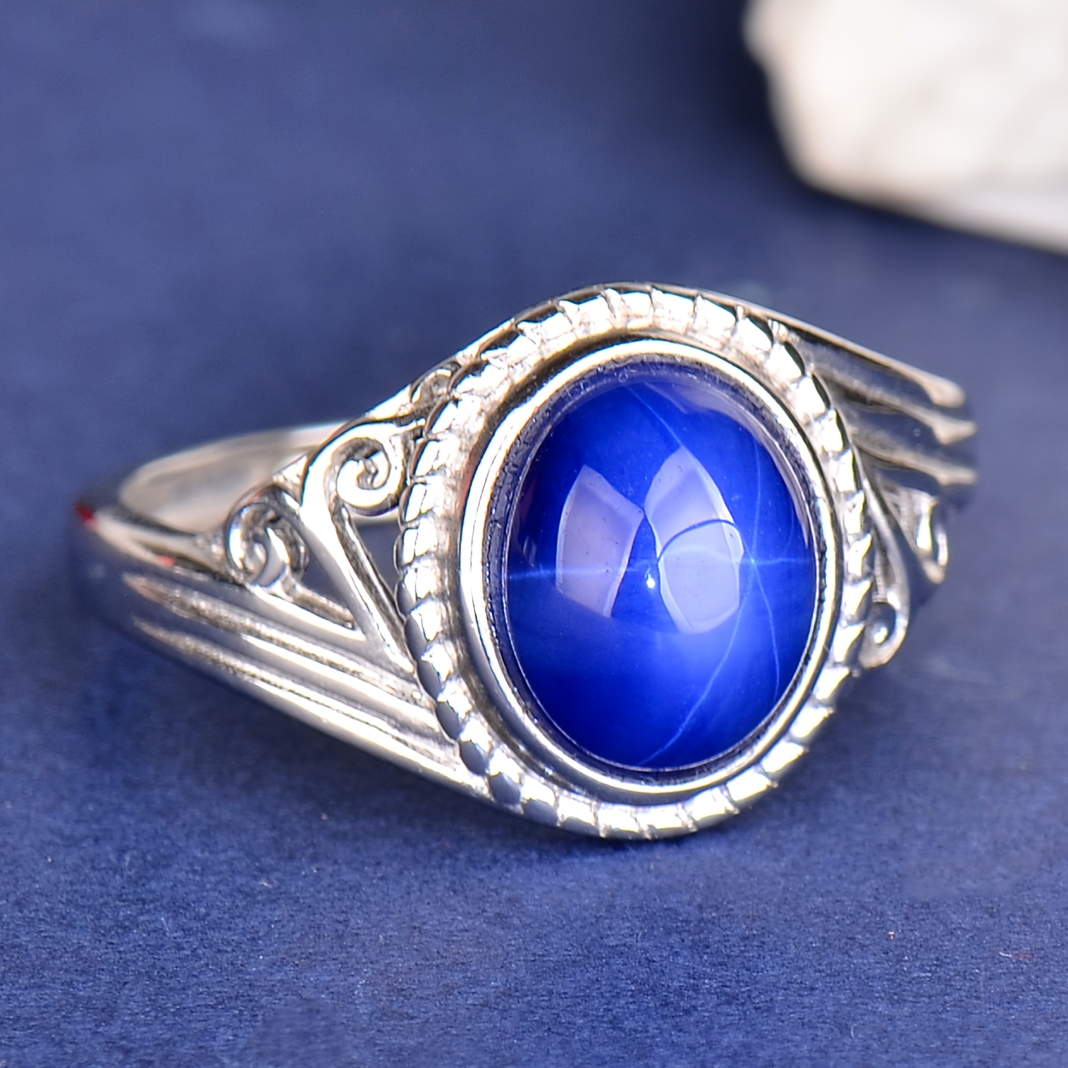925 Silver Starlight Blue Stone Adjustable Ring, Luxury Gift