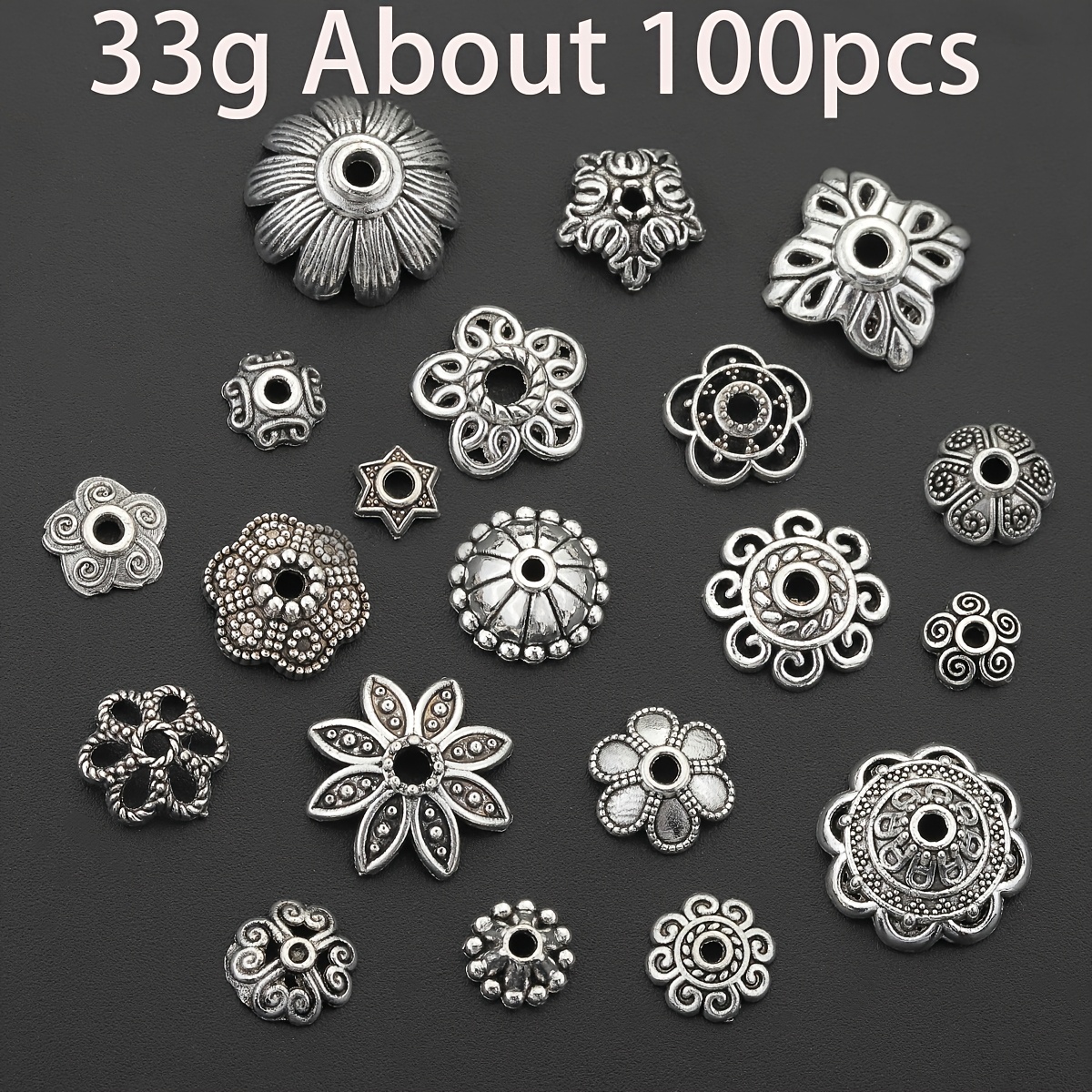 TEMU [100pcs Bead Caps] 100pcs Zinc Alloy Bead Caps, Assorted Flower Designs, Jewelry Making End Caps For Diy Keychain, Earrings, Anklets Accessories