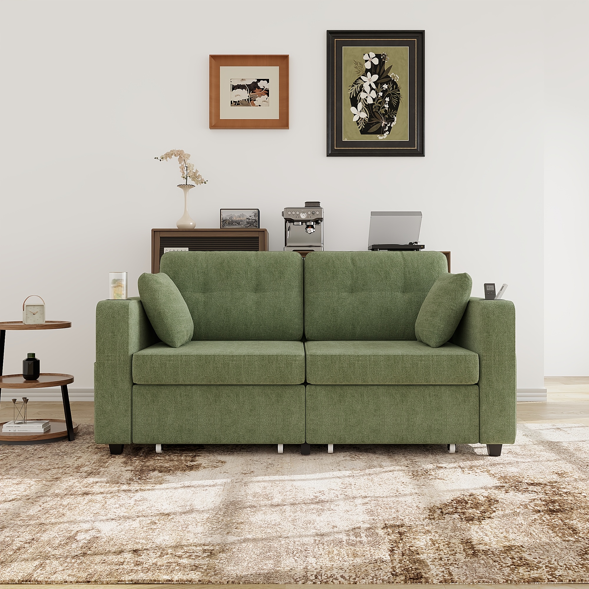 Large Double Sofa With 2 Large Storage Drawers, With Cup Holder And Side Pockets, Casual Sofa With Hidden Storage Compartment, Suitable For Bedroom, Living Room