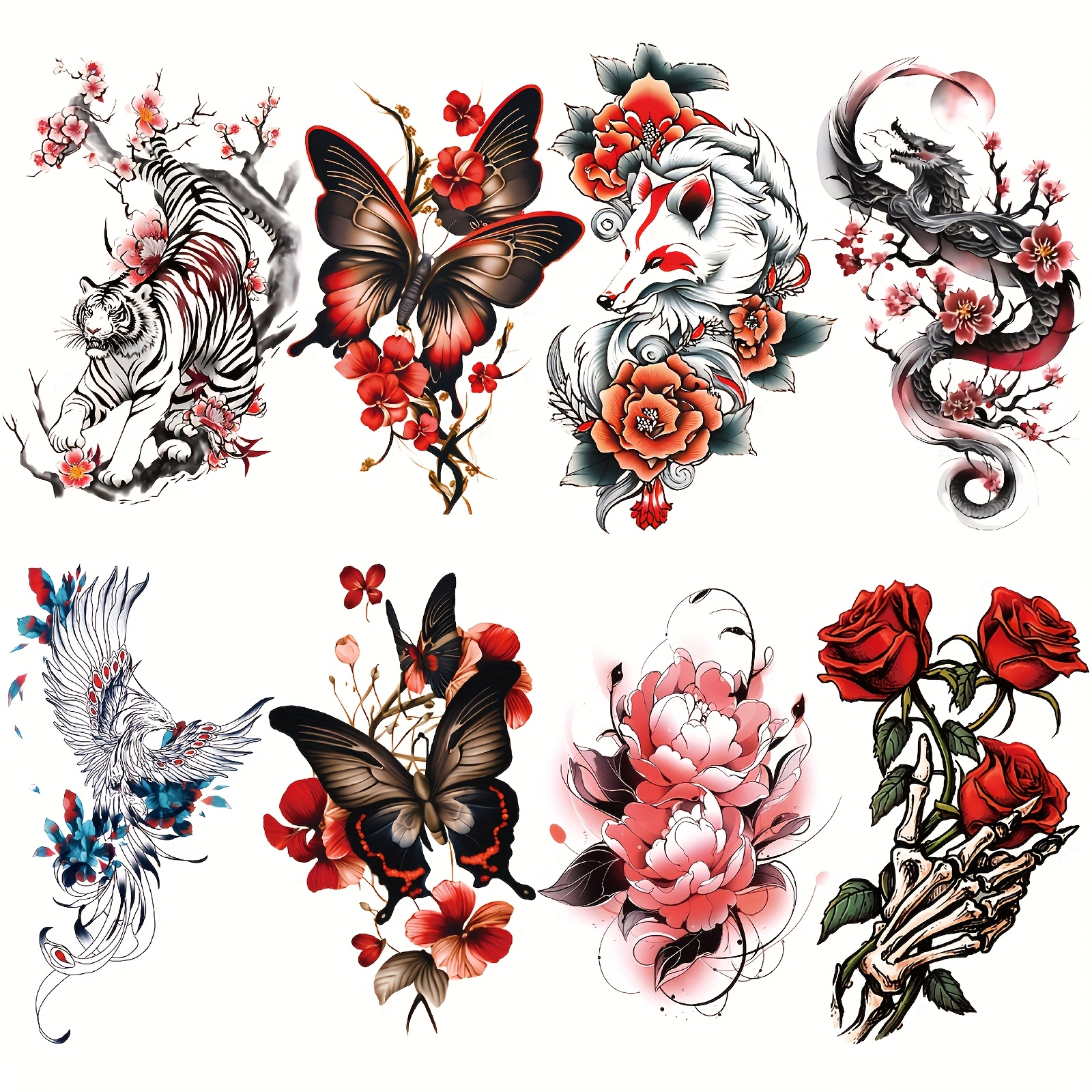 Image of 8pcs Set Of Colorful , Rose, Tiger, And Dragon Temporary Tattoo Stickers For Adults, Large Half-sleeve Arm Tattoo Stickers, Waterproof And Realistic Temporary Tattoos