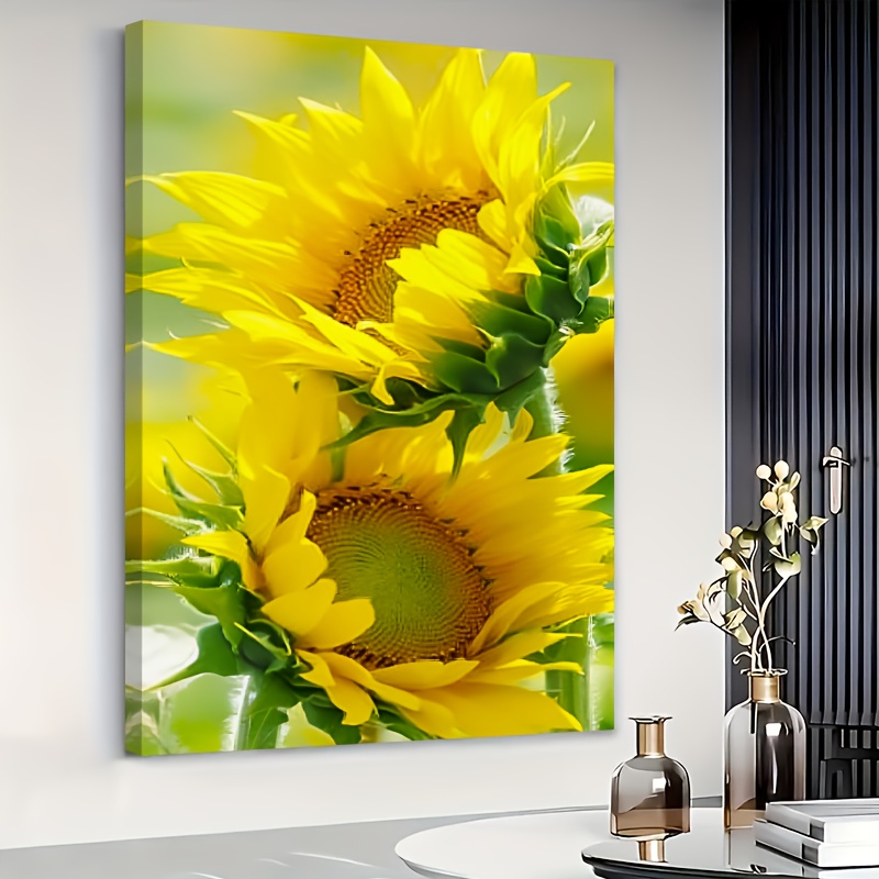 TEMU 2d Flat, Sunflower Canvas Art - Vibrant Oil Painting Wall Decor, 16x24 Inch, With Wooden Frame, Living Room Or Office, Vibrant Yellow Sunflowers