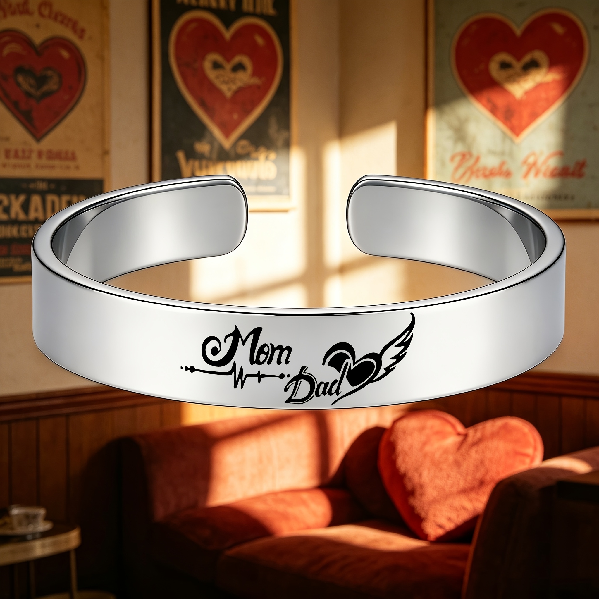 Mom & Dad Heartbeat Frequency Pattern Open Bangle Bracelet