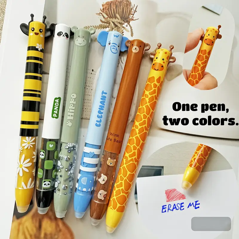 6pcs 12pcs cute zoo theme erasable gel pens two colors blue and red color ink pen with eraser clear double retractable clicks gel pen smooth writing for journaling supplies Product details 2