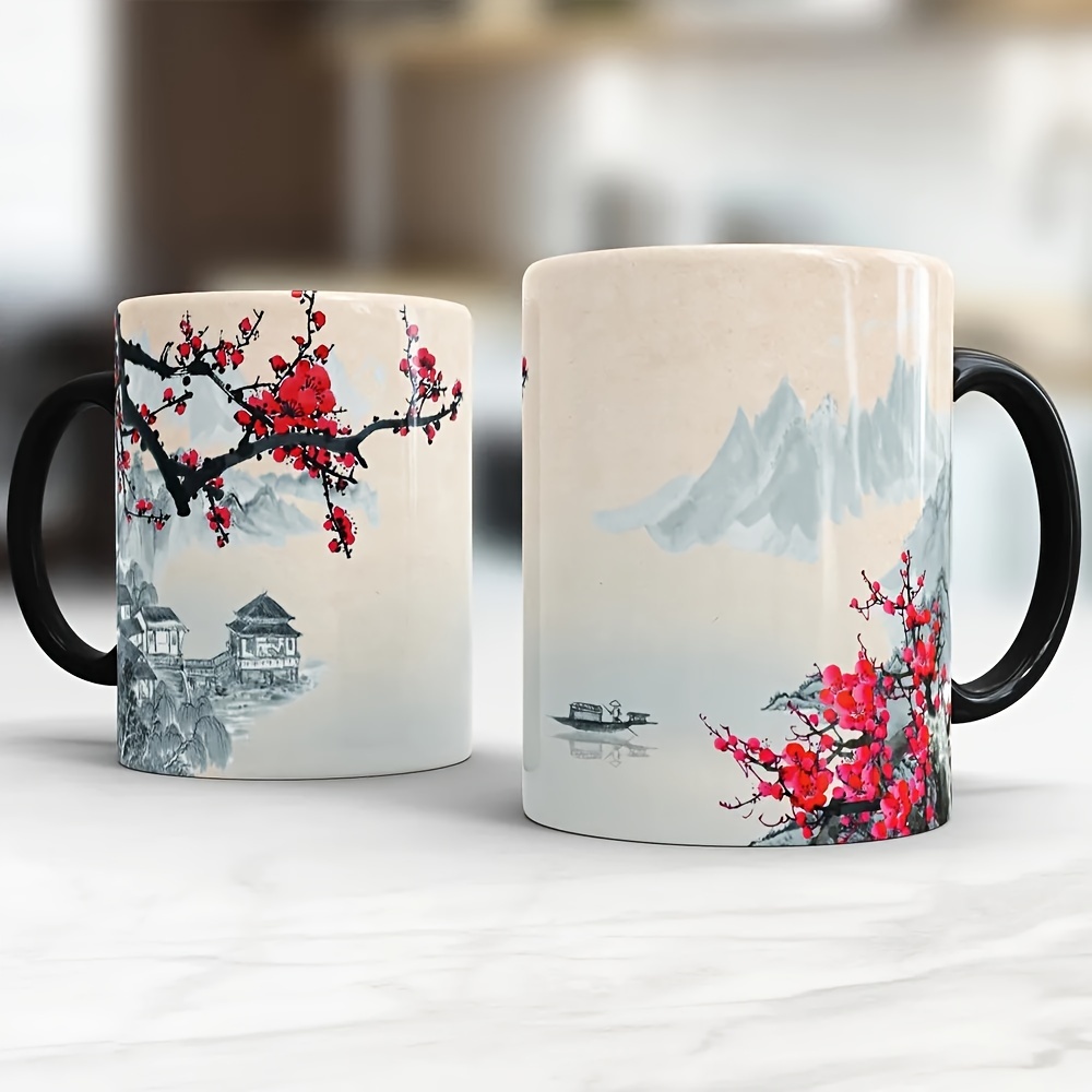 

1pc, Plum Blossom Painting Coffee Mug, Ceramic Coffee Cups, Water Cups, Summer Winter Drinkware, Birthday Gifts, Holiday Gifts, New Year Gifts, Valentine's Day Gifts