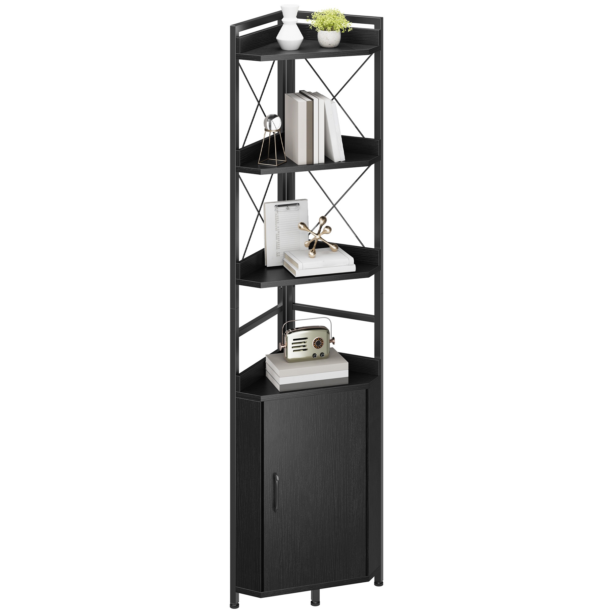 4-tier Industrial Corner Bookshelf, Freestanding Wooden Storage Rack With Closed Cabinet, Multipurpose Shelving Unit For Living Room Home Office Hallway, Standing Shelf