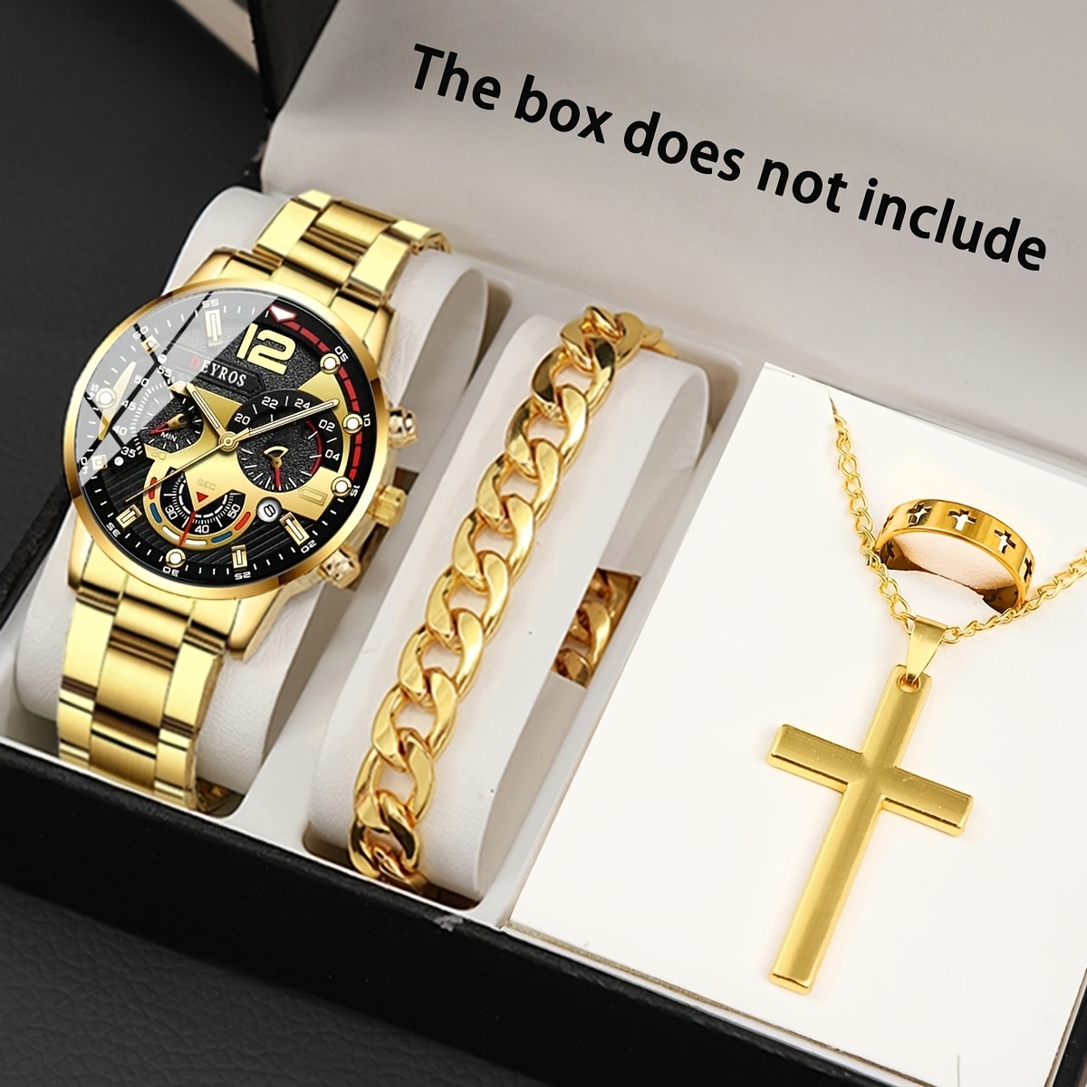 4pcs set mens   wrist watch male golden stainless steel quartz date watches mens casual   watch bracelet necklace ring   for men golden gd 9