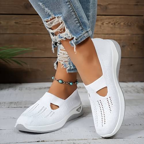 womens breathable knit slip on sneakers lightweight comfortable walking shoes with soft sole casual low solid color breathable fabric lining pvc outsole