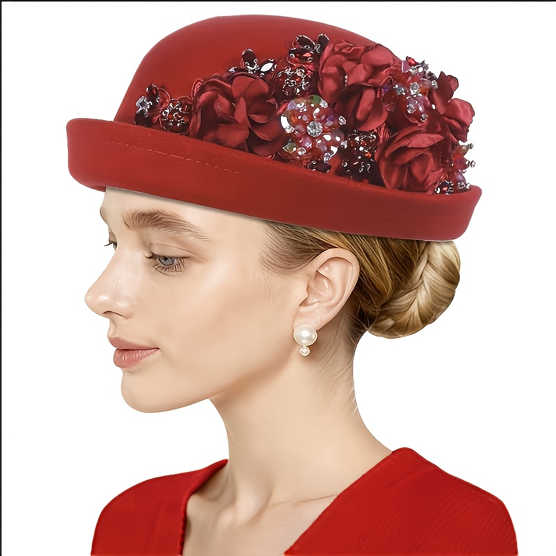 womens vintage british felt fashion flower rolled brim - Temu display picture 1