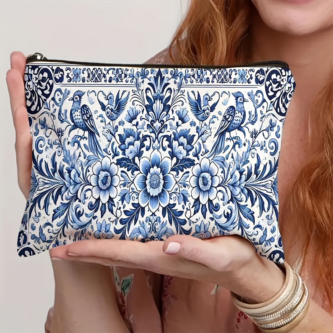 TEMU 1pc, A And Unique Blue Floral Pattern Makeup Bag With Flower And Bird , Cosmetics Storage Bag, Portable Toiletries Storage Bag, Beauty And