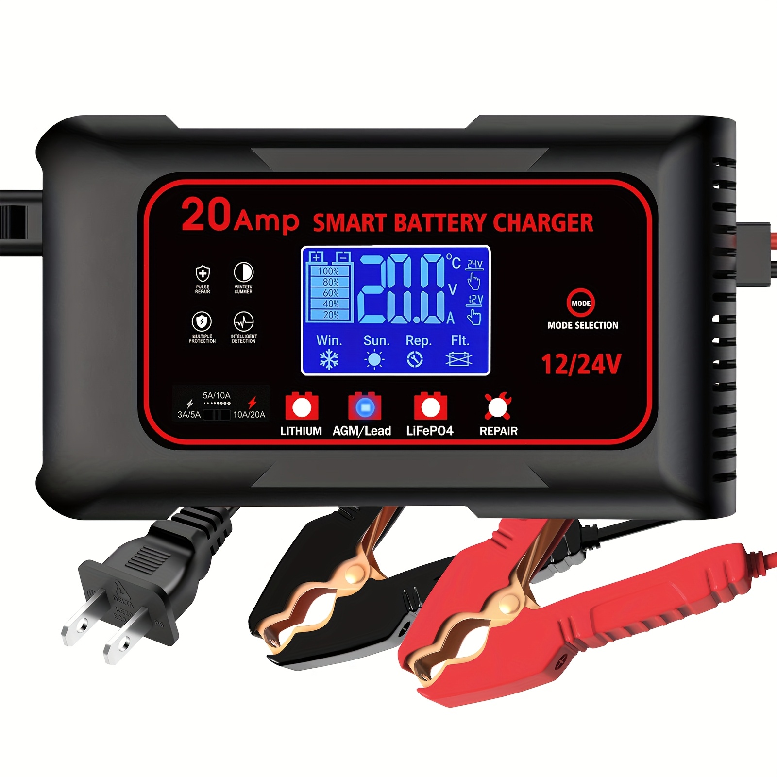TEMU 20-amp Battery Charger, 12v 20a And 24v 10a Lithium Lifepo4 Lead-acid Smart Automotive Battery Charger, Portable Car Battery Maintainer, Trickle