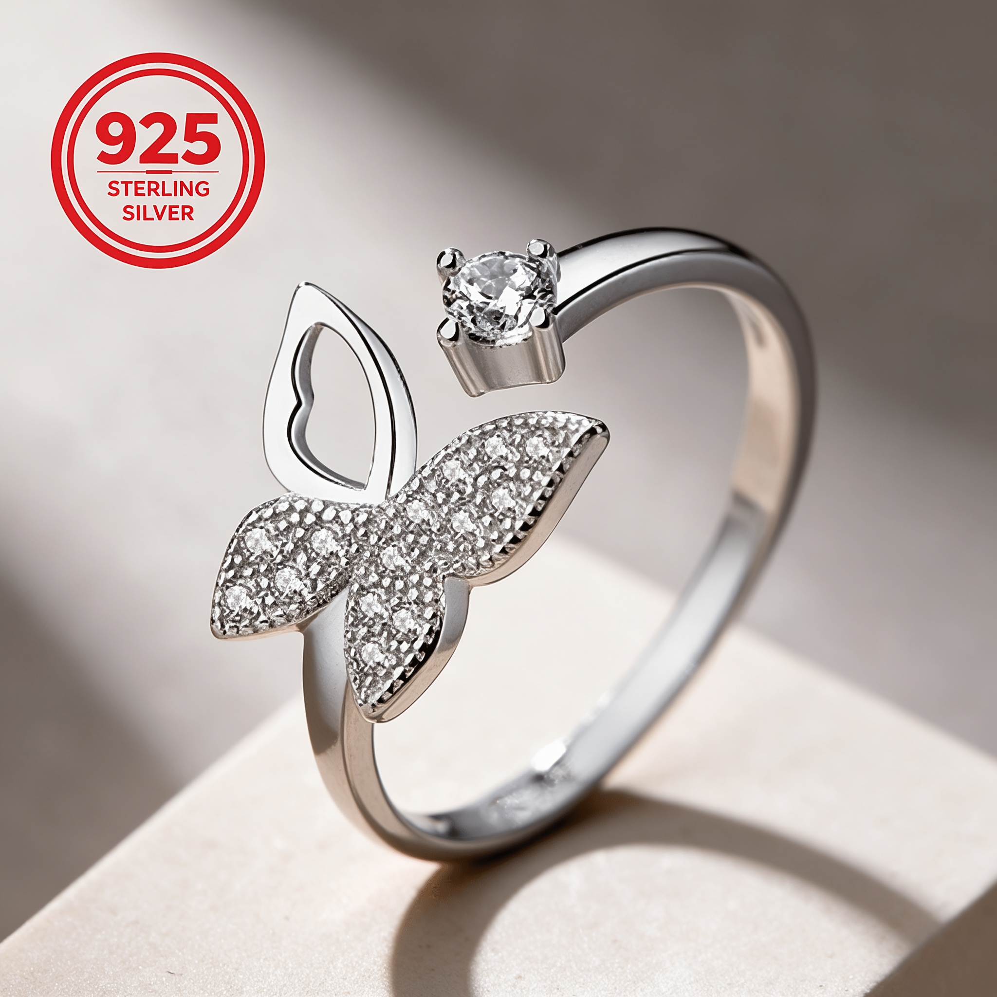 925 Silver Adjustable Butterfly Wing Ring, Geometric Design
