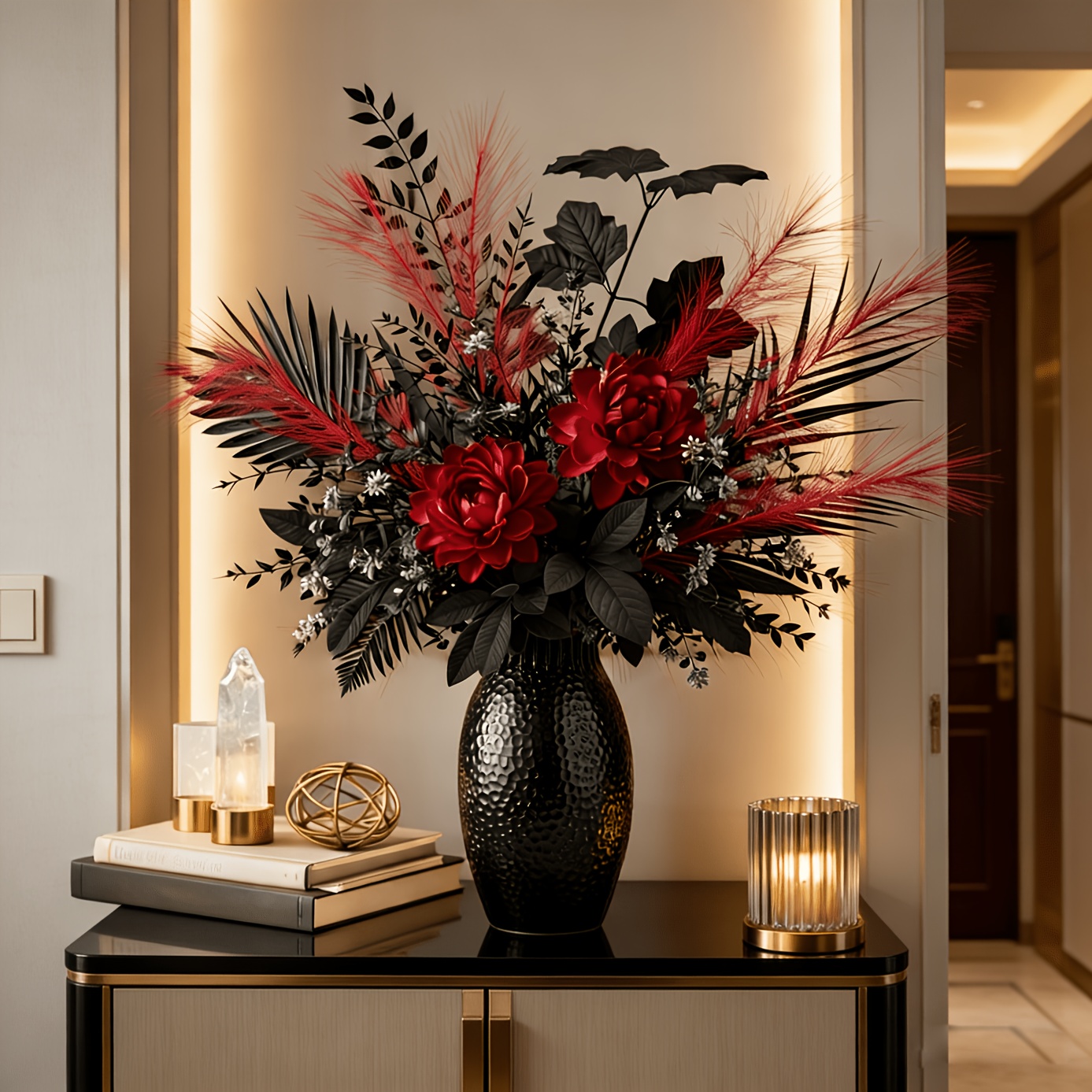 A Set Of Low-key And Red Artificial Flower Bouquet | Includes Leaves, Black Eucalyptus Leaves, And Red Pampas Grass. The Perfect Combination Of Black And Red A And Mysterious Atmosphere