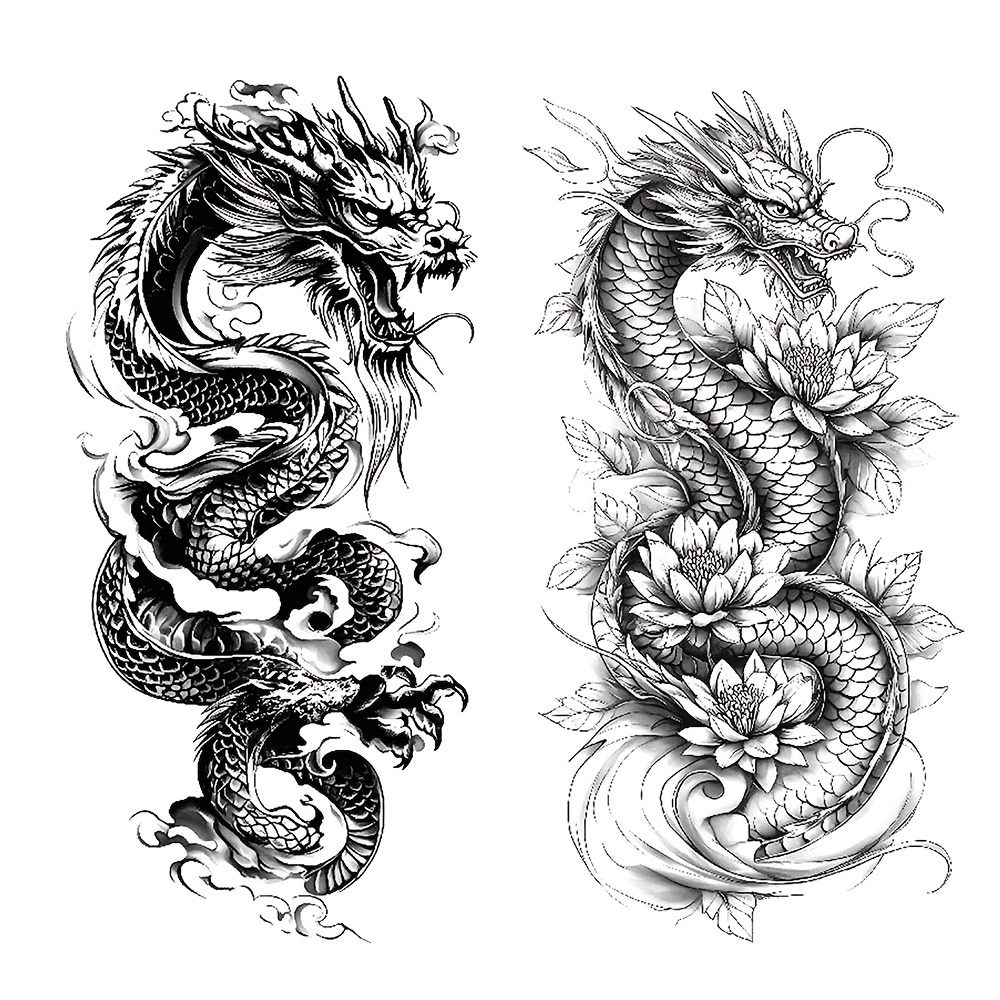 TEMU 2pcs Autocollant Tatouage Temporaire Étanche Dragon Traditionnel Fleur de Lotus Design Cool Art Corporel Bras -Bras Faux Tatouages Manchon pour