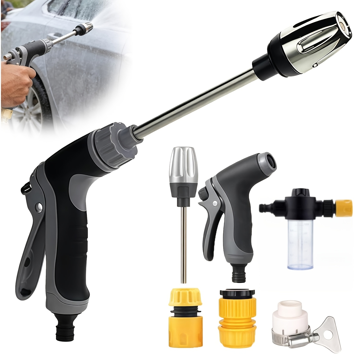 TEMU 6pcs Set High Pressure Water Gun, T8 Long Rod Gun And Foam Pot Dual Nozzles And Plastic 3-way Connector Garden Shower High Pressure Nozzle,
