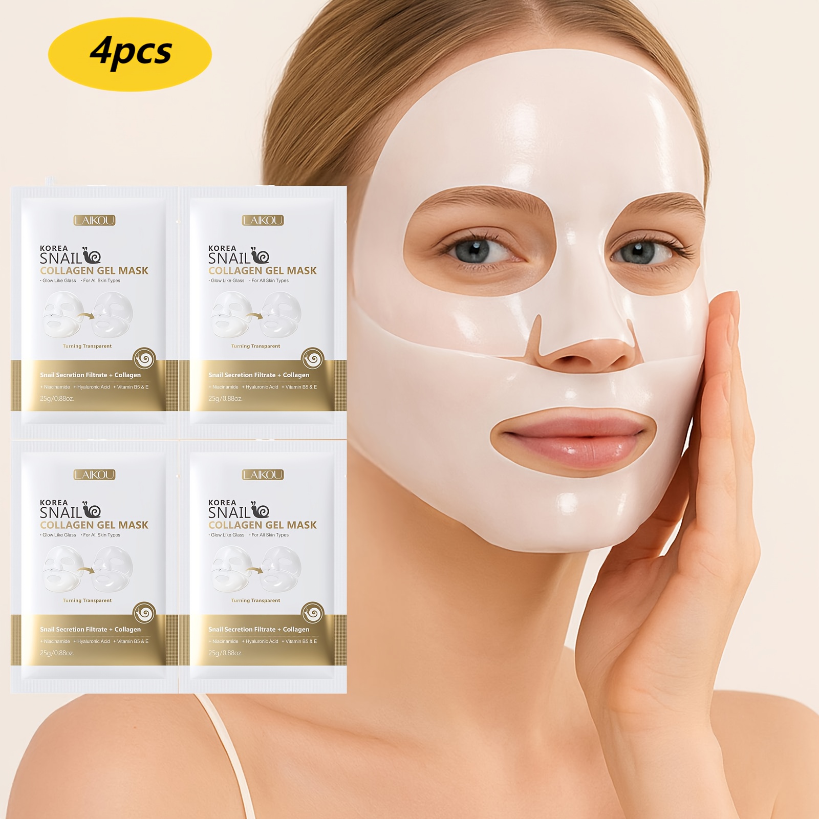 4pcs Collagen Protein Snail Toning Mask - Moisturizing and Firming, Alcohol-Free, Suitable for All Light Complexions, Fresh and Odorless, Transparent and Smooth Effect | Transparent Mask