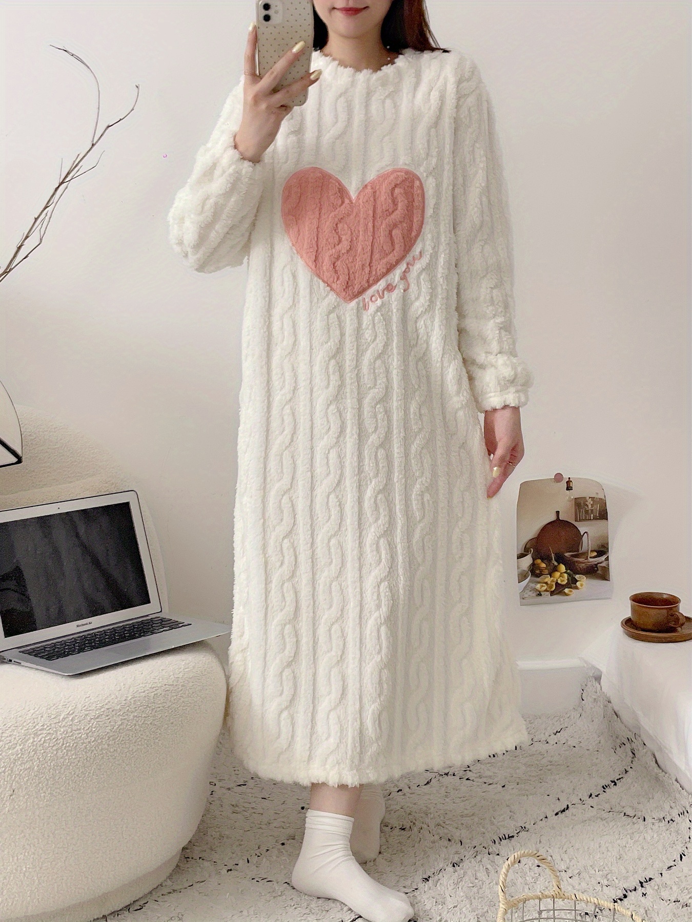 womens winter nightgown long sleeve thermal lounge dress