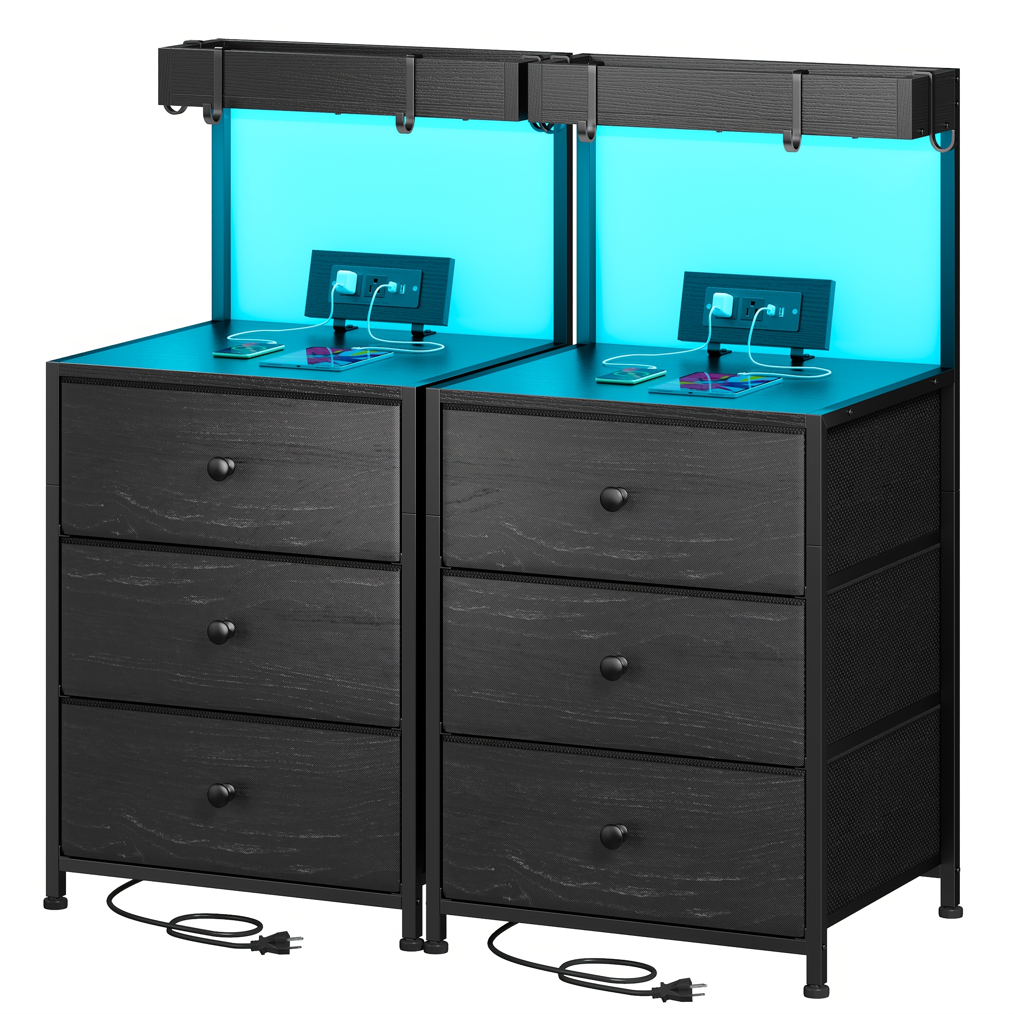 TEMU Tall Nightstand With Charging Station And Led Lights Nightstand With 3 Drawers And Shelves Bedside Table With Usb Ports And Outlets, For Bedroom, 4 Hooks, Black, White, Storage Drawer Units