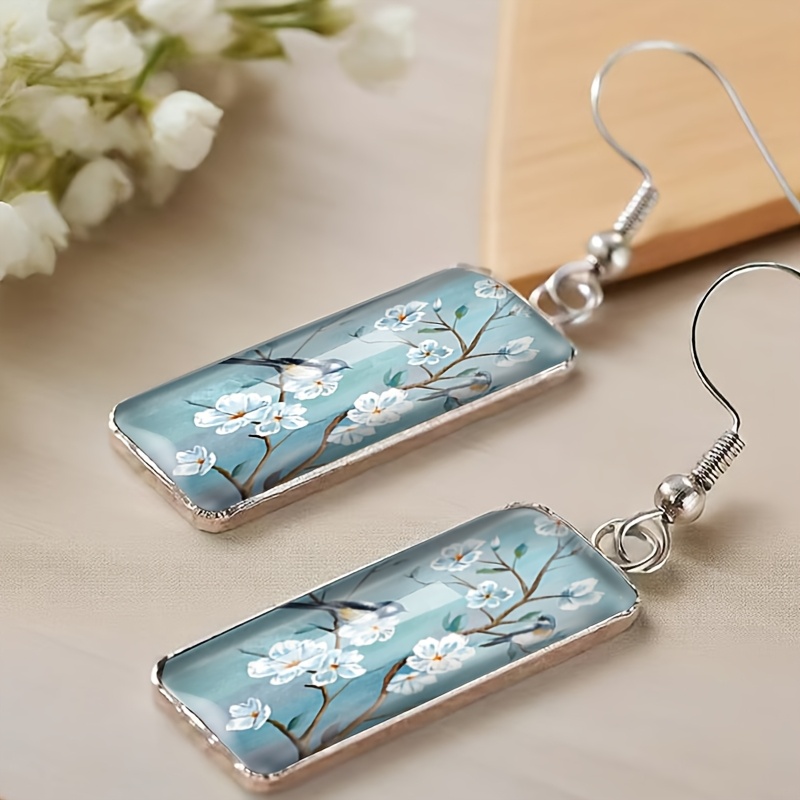 Vintage Floral Bird Painting Rectangular Hook Dangle Earrings