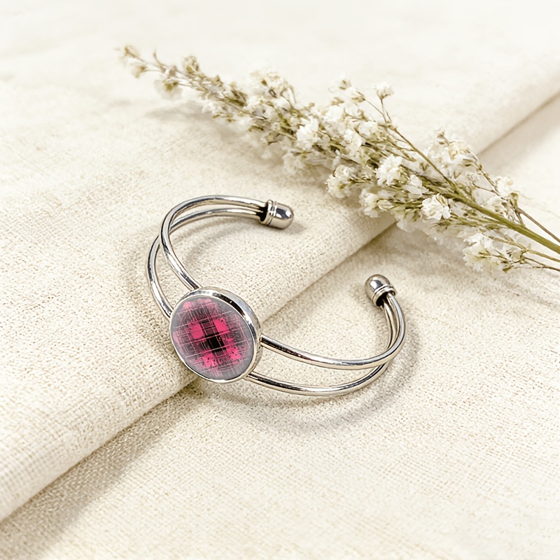 Adjustable Open Bangle Bracelet with Pink Gemstone Inlays