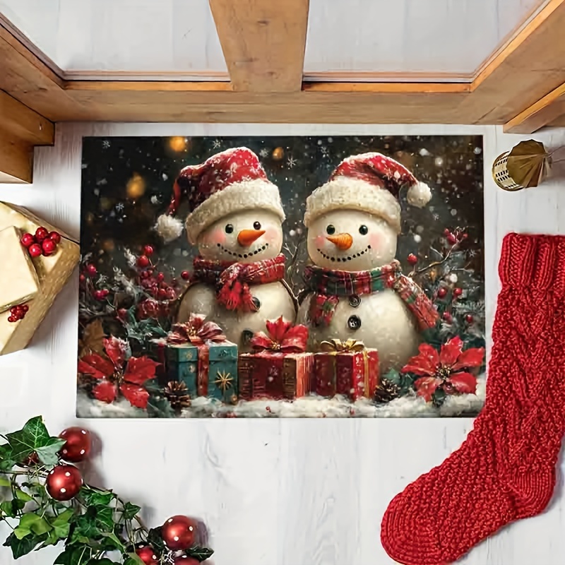 christmas snowman doormat 1pc lightweight washable non slip rubber backed braided polyester welcome mat for   room bathroom balcony machine made christmas holiday decor details 10