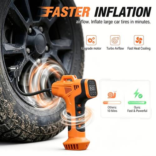 item picture 2026 new cordless tire inflator 150psi portable air compressor with 1500mah x 2 rechargeable battery auto shut off led emergency light for car motorcycle bike and balls