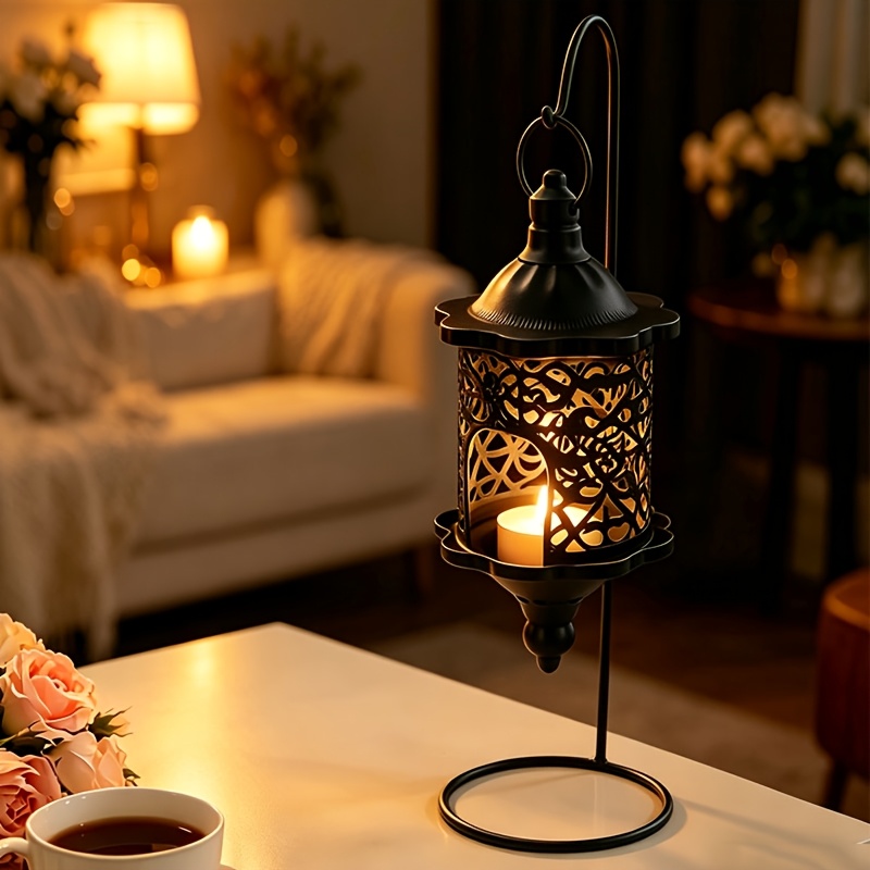 TEMU 1pc Vintage Hollow Candle Lantern With Stand, Hollow-out Tealight Candle Holder For Home Decor, Wedding & Party Decor For Living Room & Bedroom,